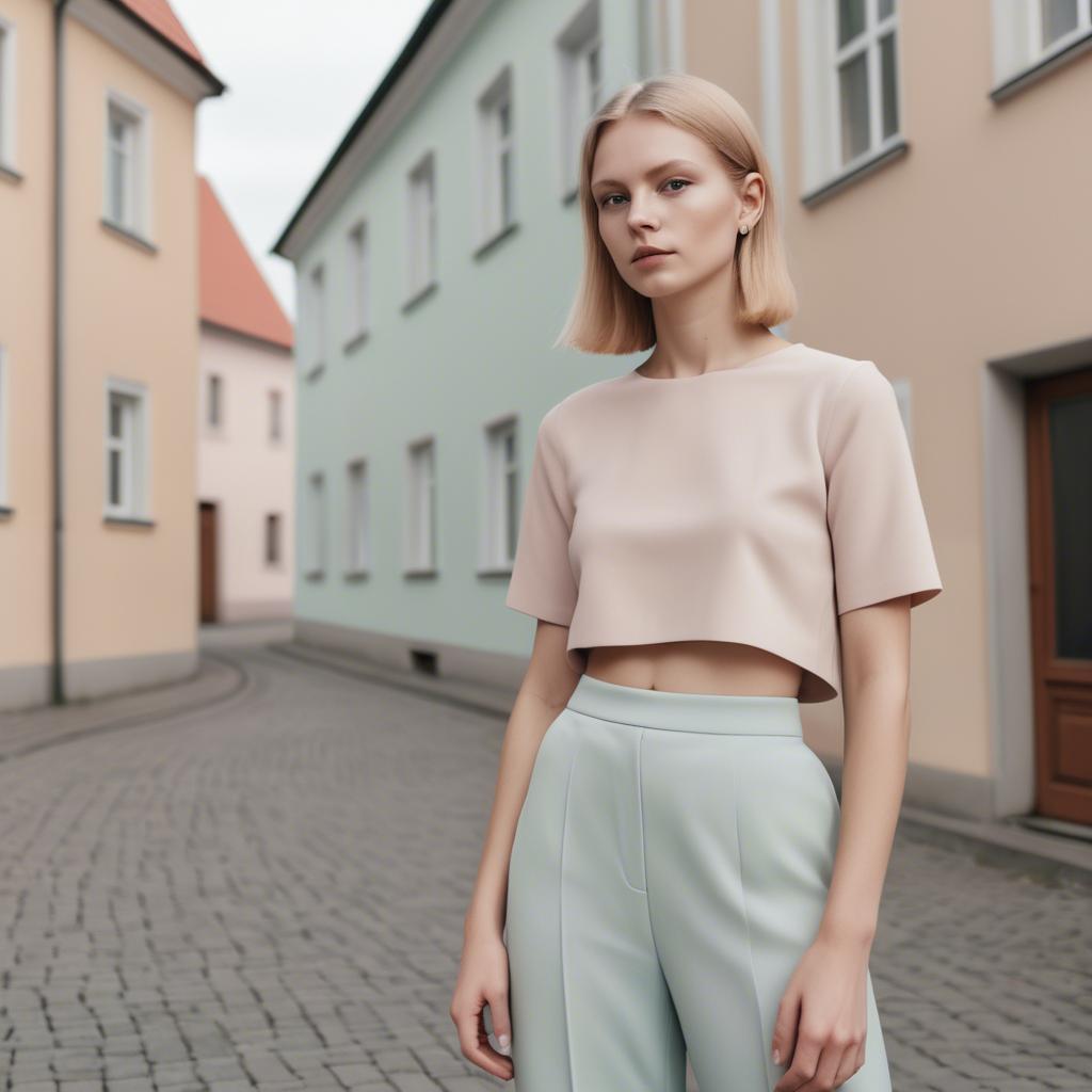 A stunning image of lithuanian elegance in a minimalist two-piece outfit captured in gentle pastel settings.
