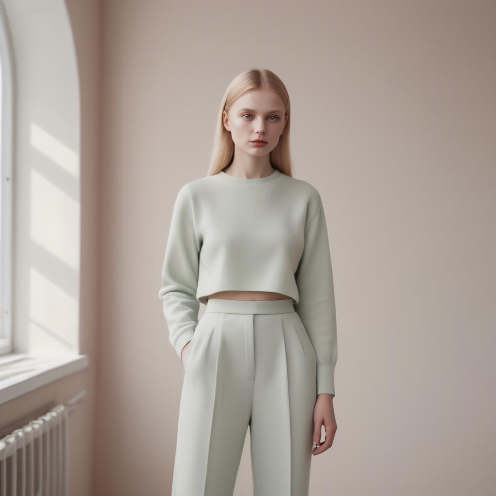 A stunning image of lithuanian elegance in a minimalist two-piece outfit captured in gentle pastel settings.