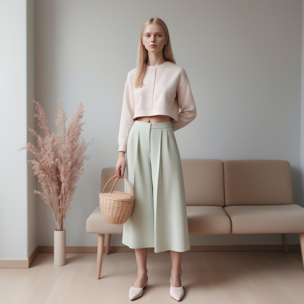 A stunning image of lithuanian elegance in a minimalist two-piece outfit captured in gentle pastel settings.