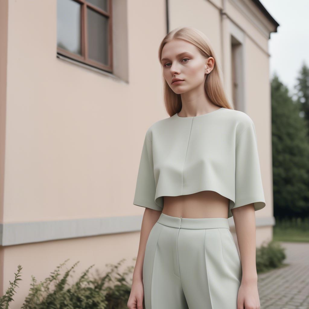 A stunning image of lithuanian elegance in a minimalist two-piece outfit captured in gentle pastel settings.