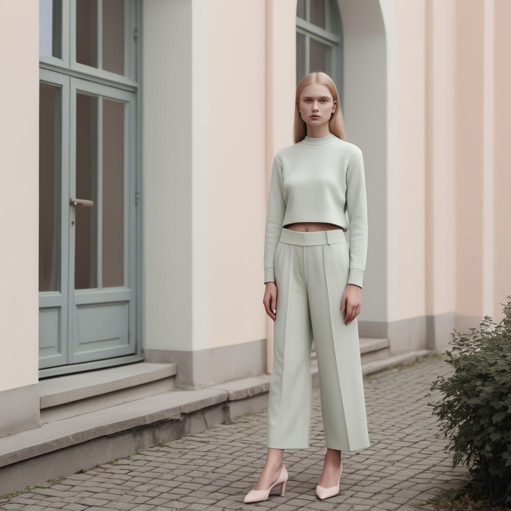 A stunning image of lithuanian elegance in a minimalist two-piece outfit captured in gentle pastel settings.