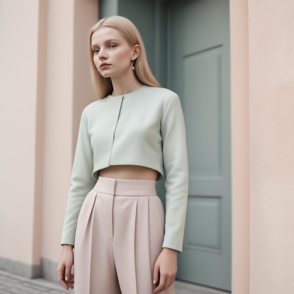 A stunning image of lithuanian elegance in a minimalist two-piece outfit captured in gentle pastel settings.
