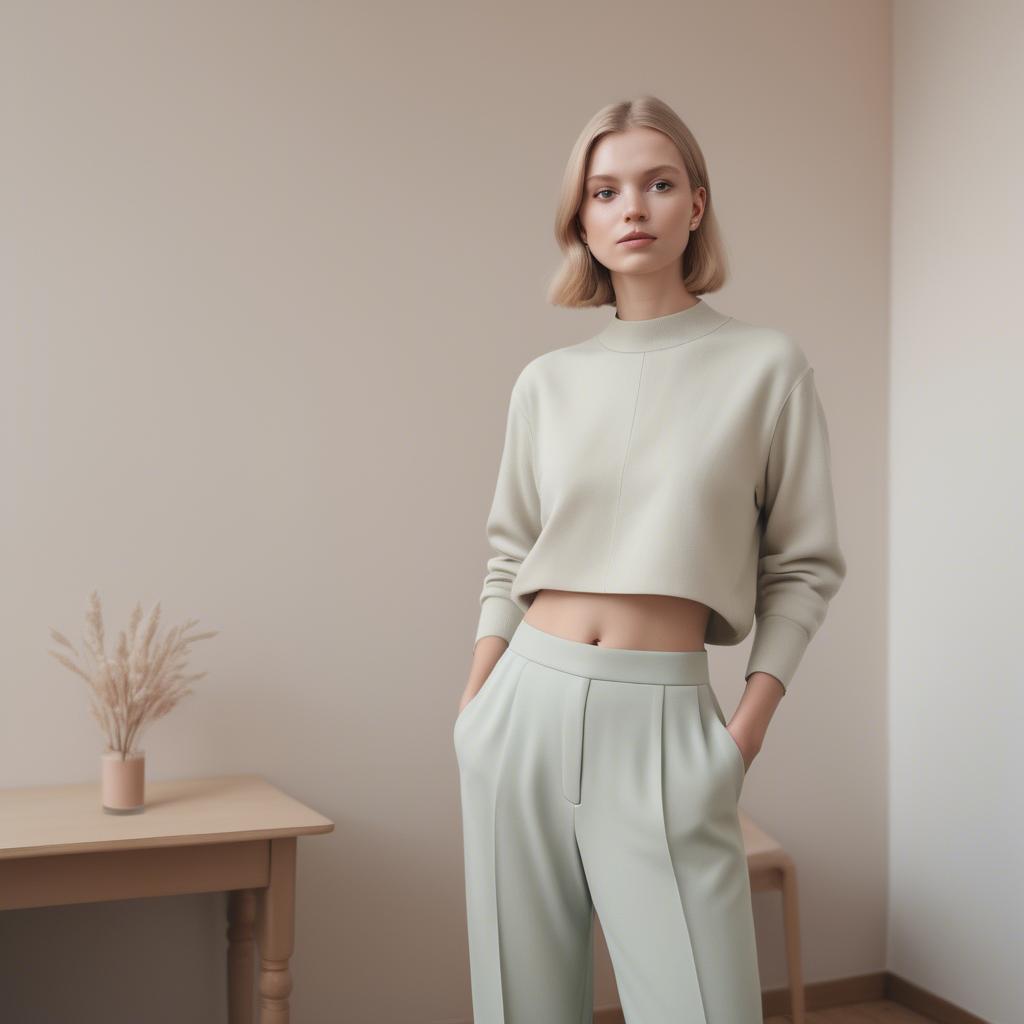 A stunning image of lithuanian elegance in a minimalist two-piece outfit captured in gentle pastel settings.