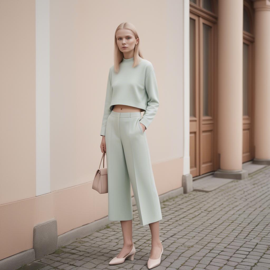 A stunning image of lithuanian elegance in a minimalist two-piece outfit captured in gentle pastel settings.