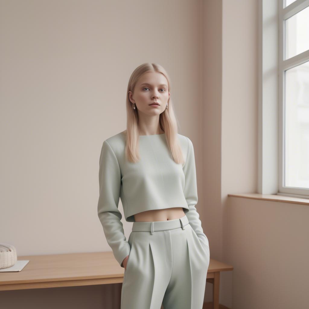 A stunning image of lithuanian elegance in a minimalist two-piece outfit captured in gentle pastel settings.