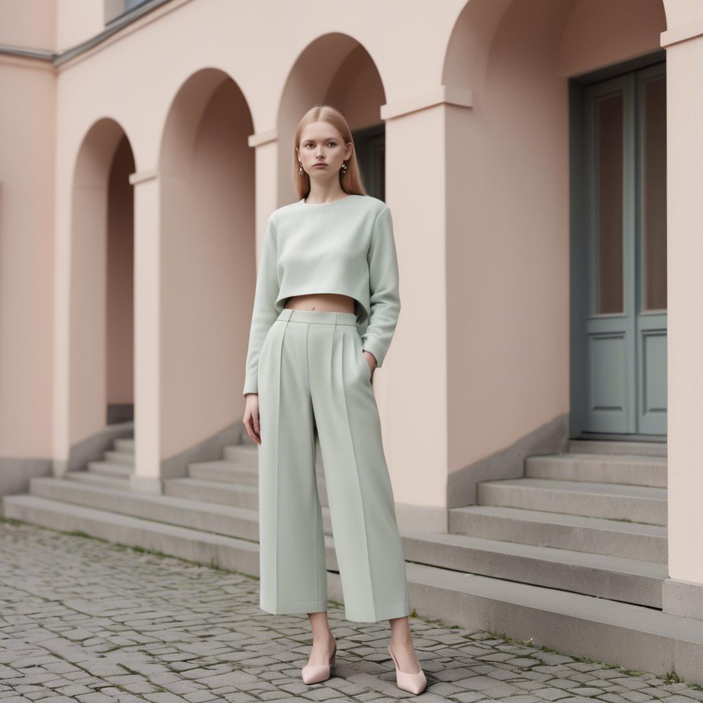 A stunning image of lithuanian elegance in a minimalist two-piece outfit captured in gentle pastel settings.