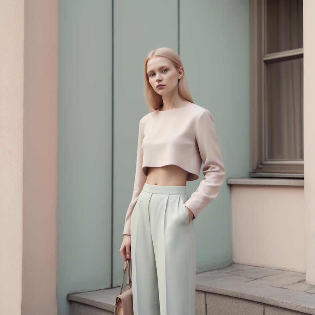 A stunning image of lithuanian elegance in a minimalist two-piece outfit captured in gentle pastel settings.