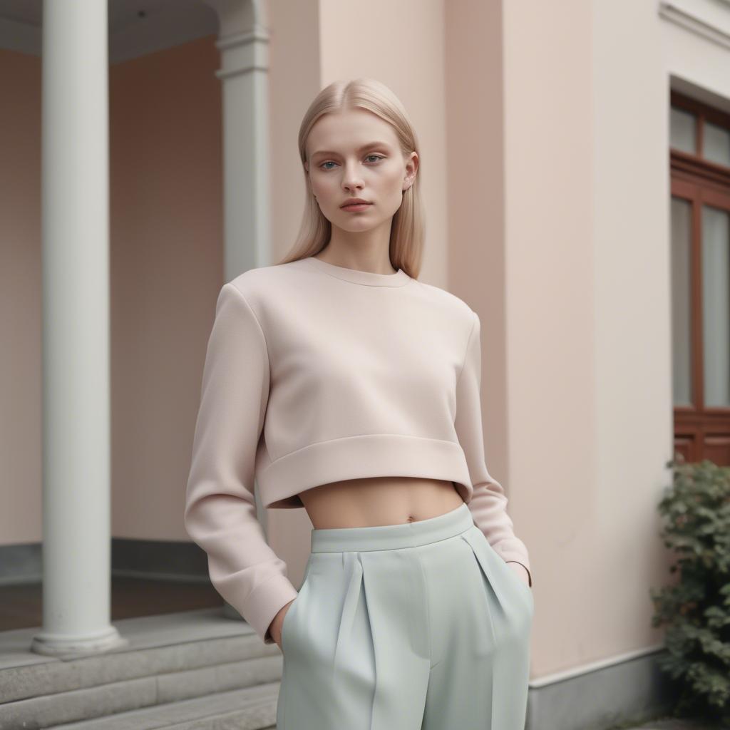 A stunning image of lithuanian elegance in a minimalist two-piece outfit captured in gentle pastel settings.