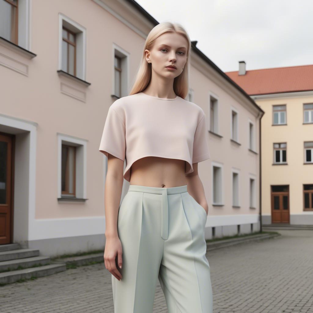 A stunning image of lithuanian elegance in a minimalist two-piece outfit captured in gentle pastel settings.