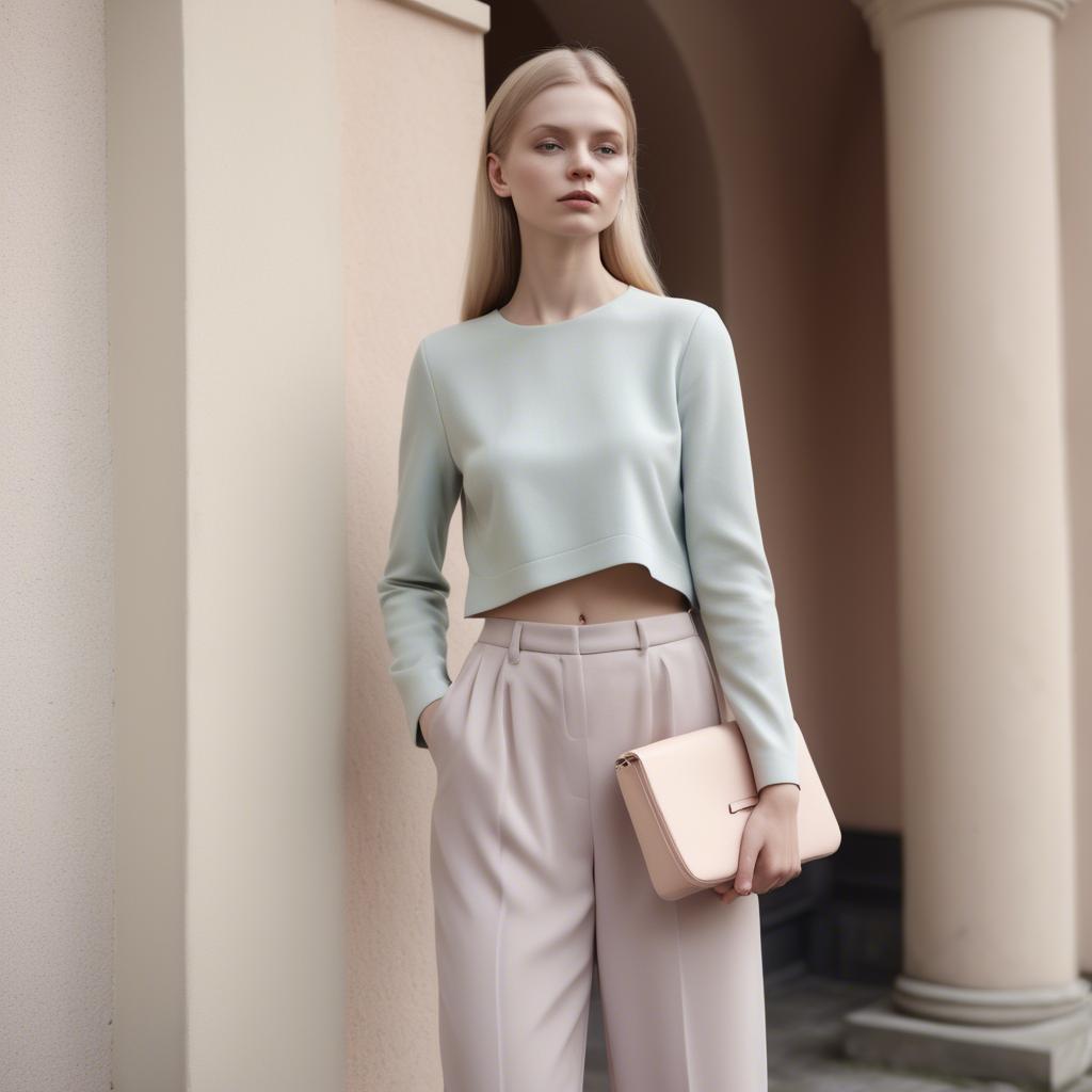 A stunning image of lithuanian elegance in a minimalist two-piece outfit captured in gentle pastel settings.