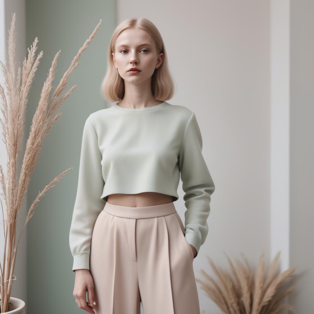 A stunning image of lithuanian elegance in a minimalist two-piece outfit captured in gentle pastel settings.