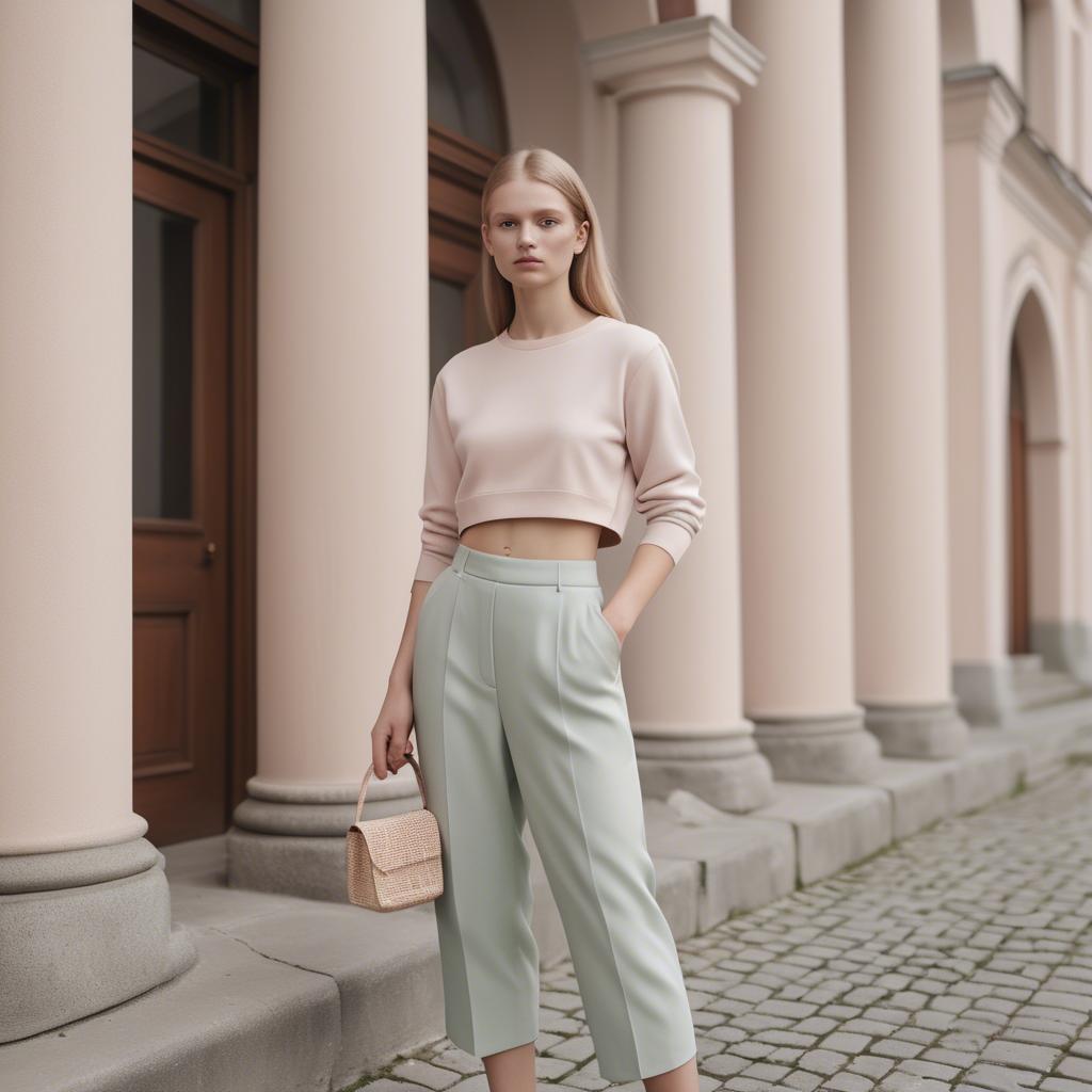 A stunning image of lithuanian elegance in a minimalist two-piece outfit captured in gentle pastel settings.