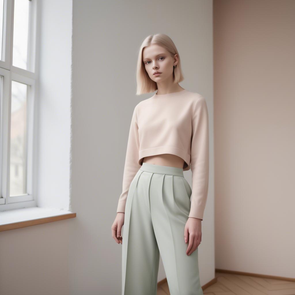A stunning image of lithuanian elegance in a minimalist two-piece outfit captured in gentle pastel settings.