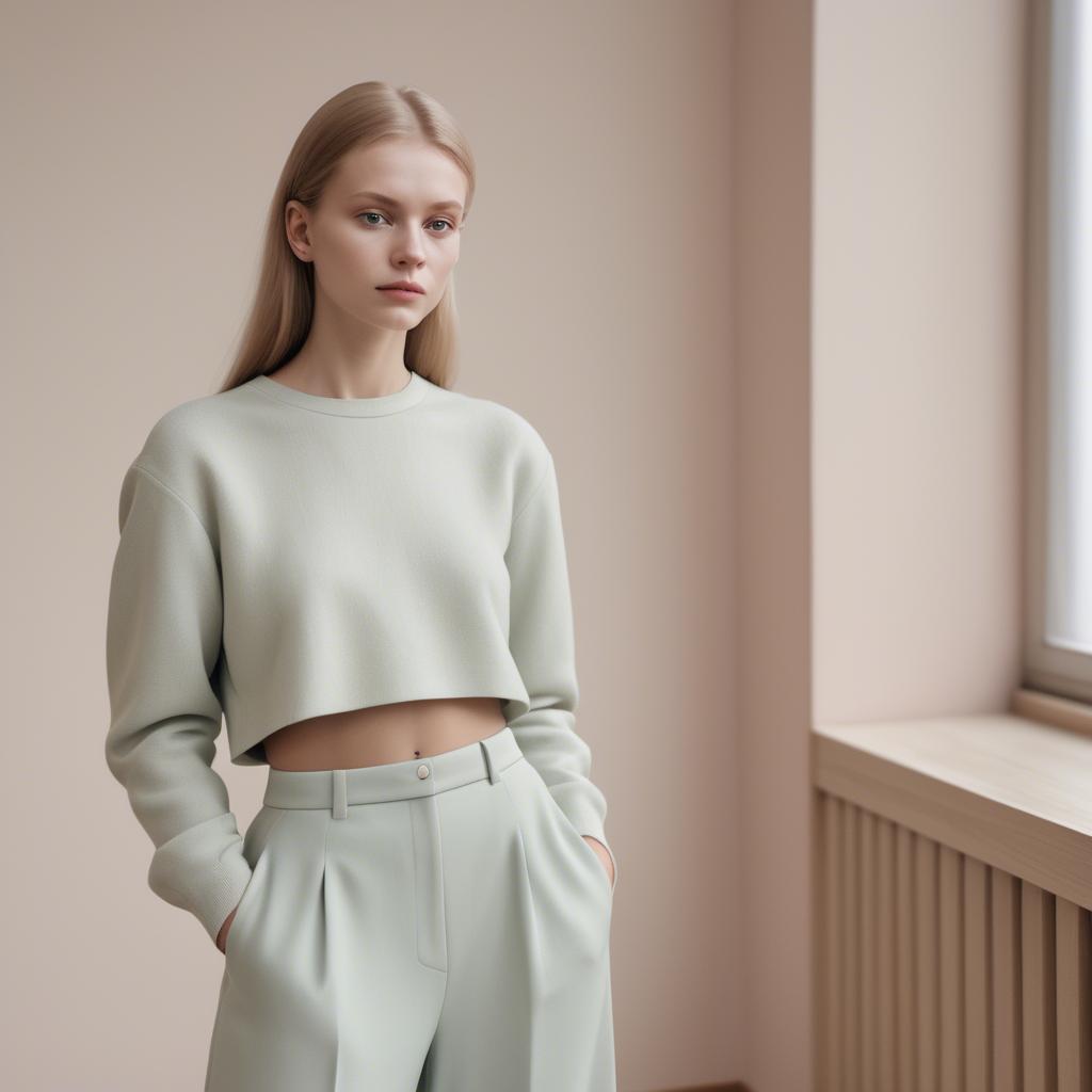 A stunning image of lithuanian elegance in a minimalist two-piece outfit captured in gentle pastel settings.