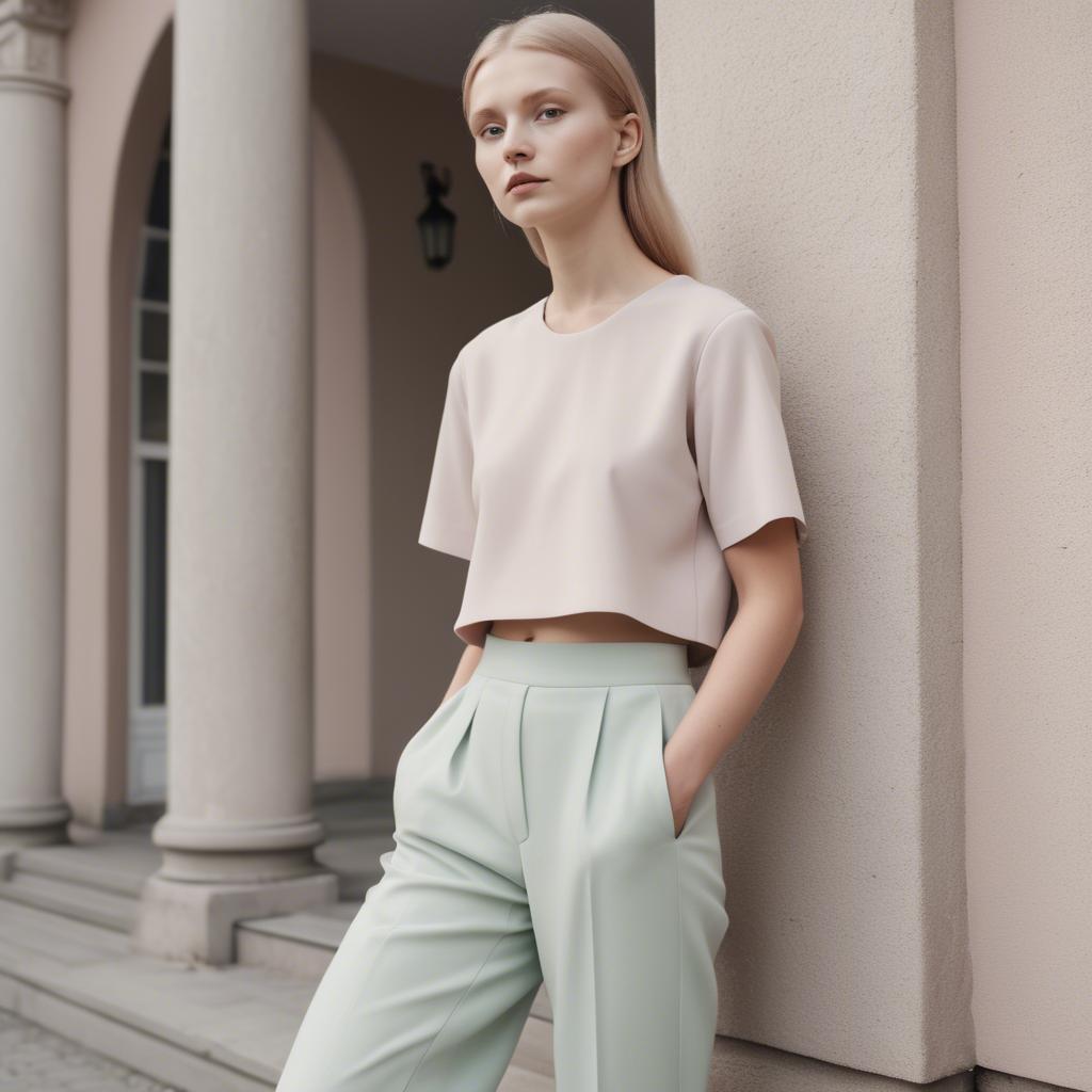 A stunning image of lithuanian elegance in a minimalist two-piece outfit captured in gentle pastel settings.
