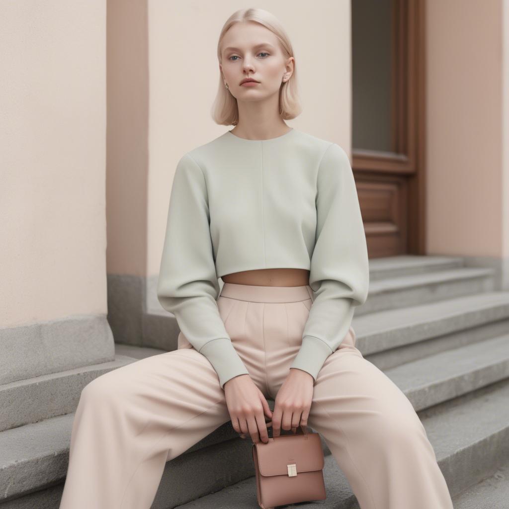 A stunning image of lithuanian elegance in a minimalist two-piece outfit captured in gentle pastel settings.