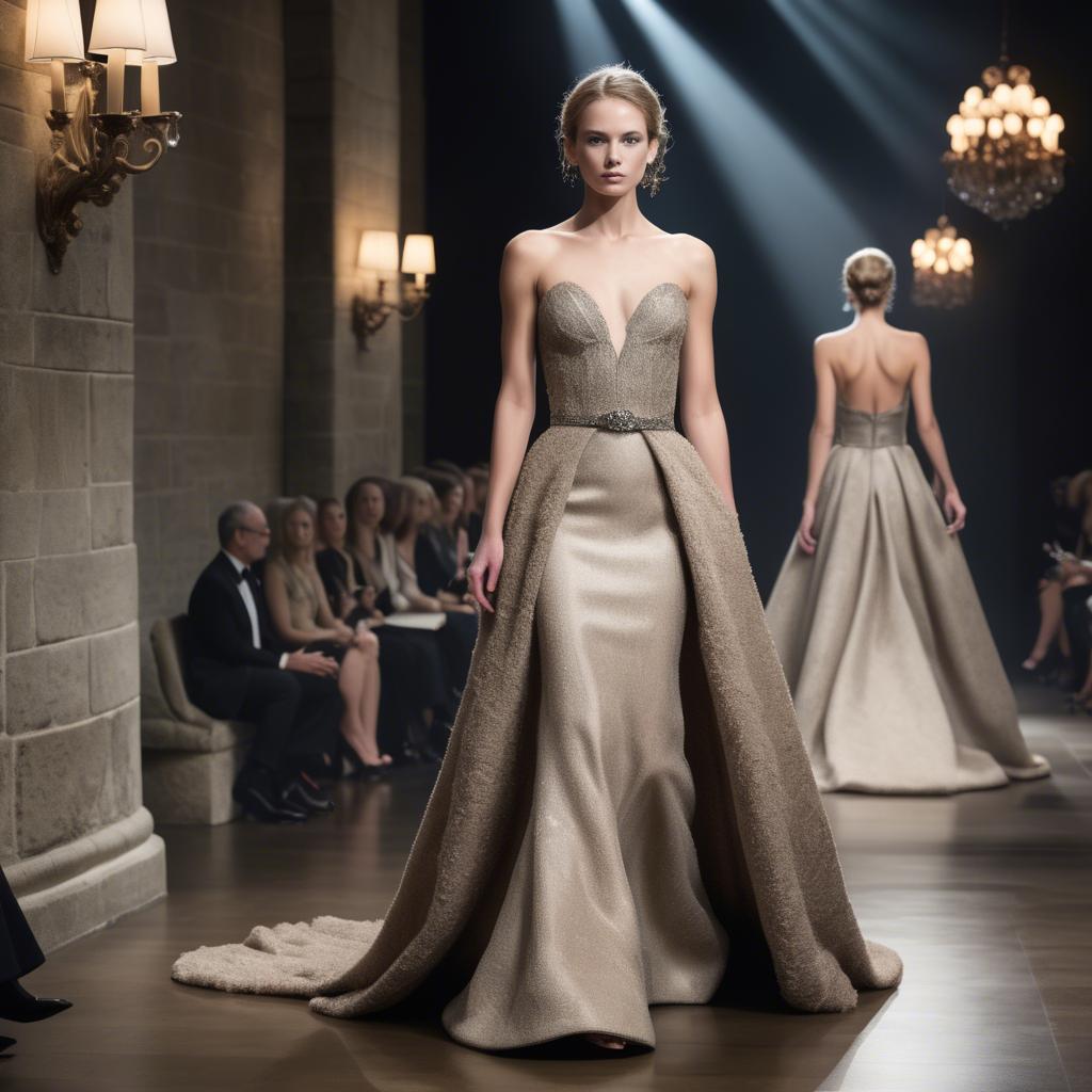 A stunning image of luxembourgish charm in high-end couture highlighting luxurious textures under spotlights.
