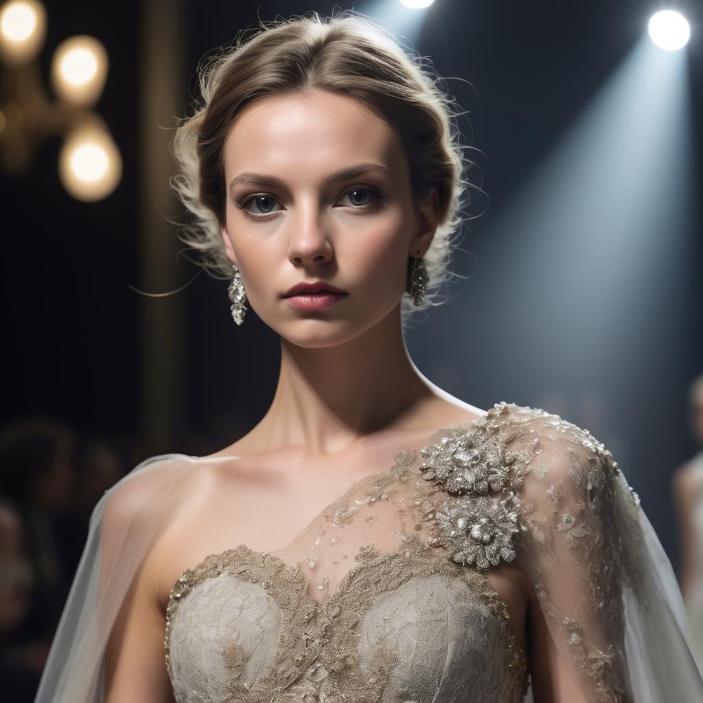A stunning image of luxembourgish charm in high-end couture highlighting luxurious textures under spotlights.