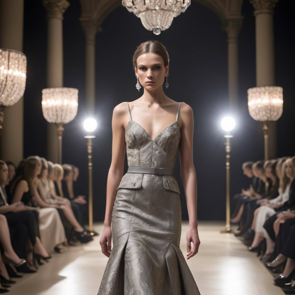 A stunning image of luxembourgish charm in high-end couture highlighting luxurious textures under spotlights.