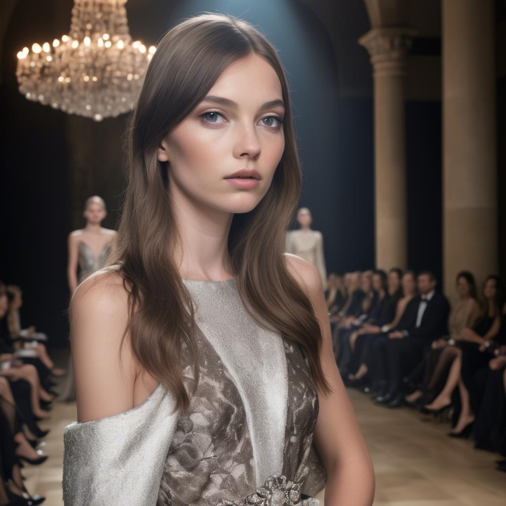 A stunning image of luxembourgish charm in high-end couture highlighting luxurious textures under spotlights.