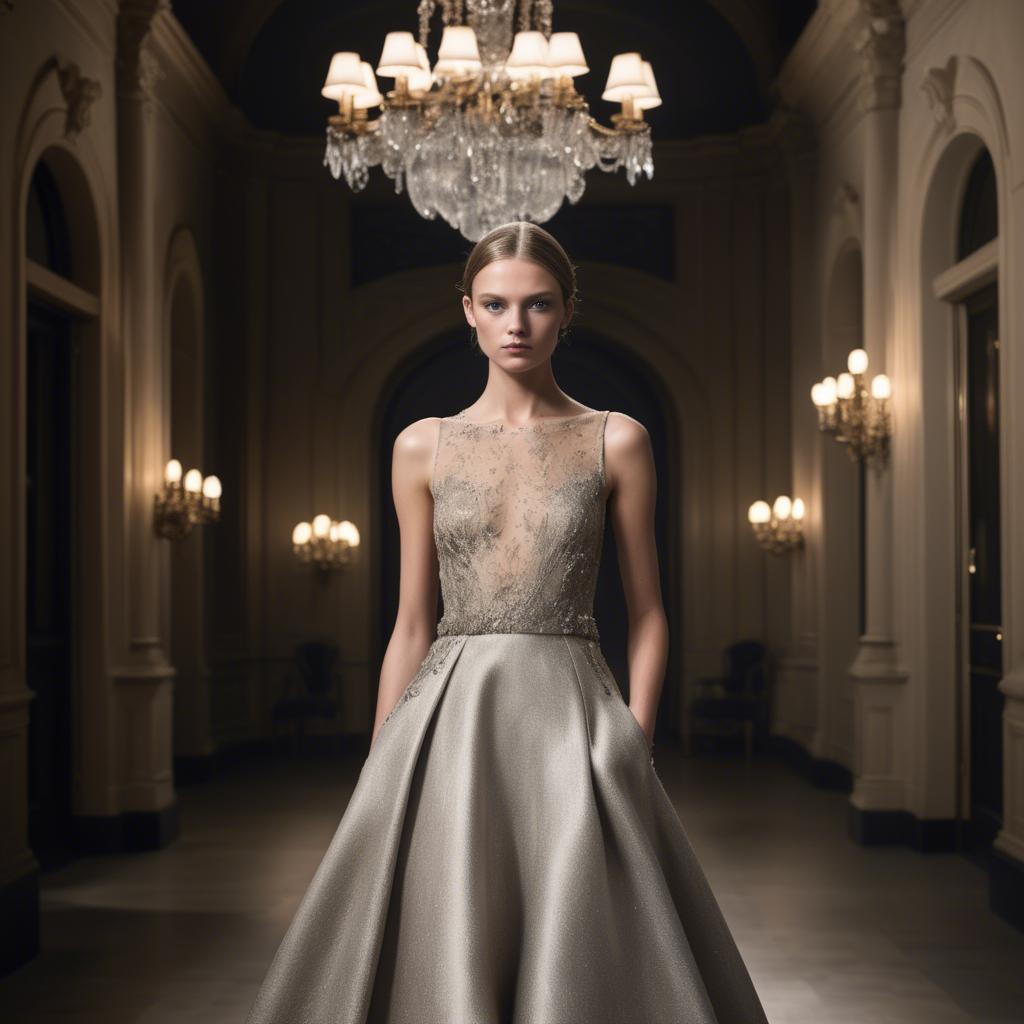 A stunning image of luxembourgish charm in high-end couture highlighting luxurious textures under spotlights.