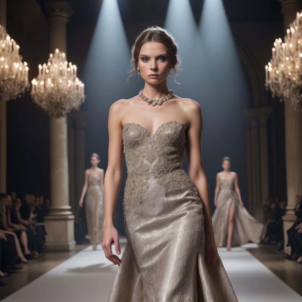 A stunning image of luxembourgish charm in high-end couture highlighting luxurious textures under spotlights.