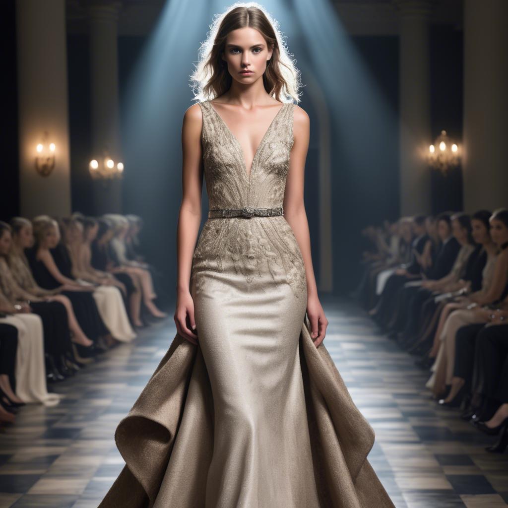 A stunning image of luxembourgish charm in high-end couture highlighting luxurious textures under spotlights.