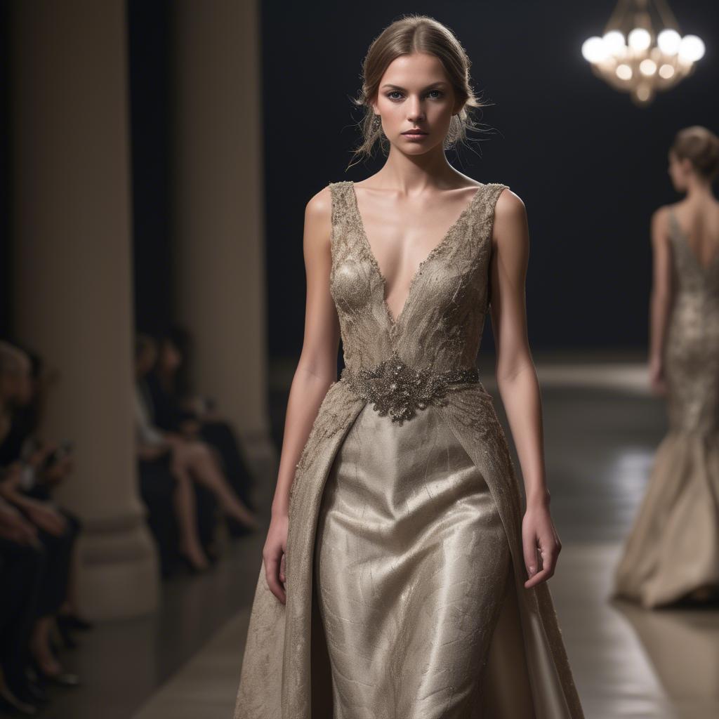 A stunning image of luxembourgish charm in high-end couture highlighting luxurious textures under spotlights.