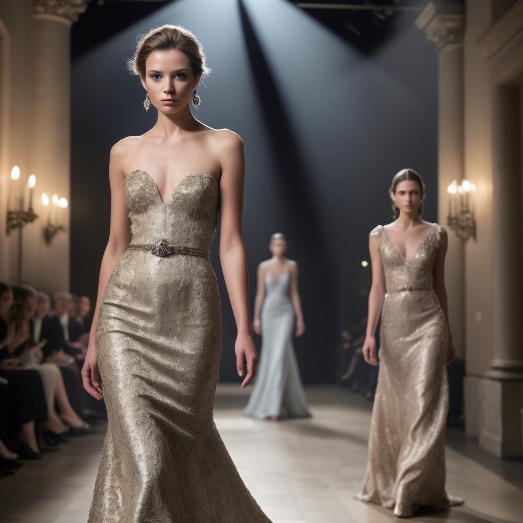 A stunning image of luxembourgish charm in high-end couture highlighting luxurious textures under spotlights.