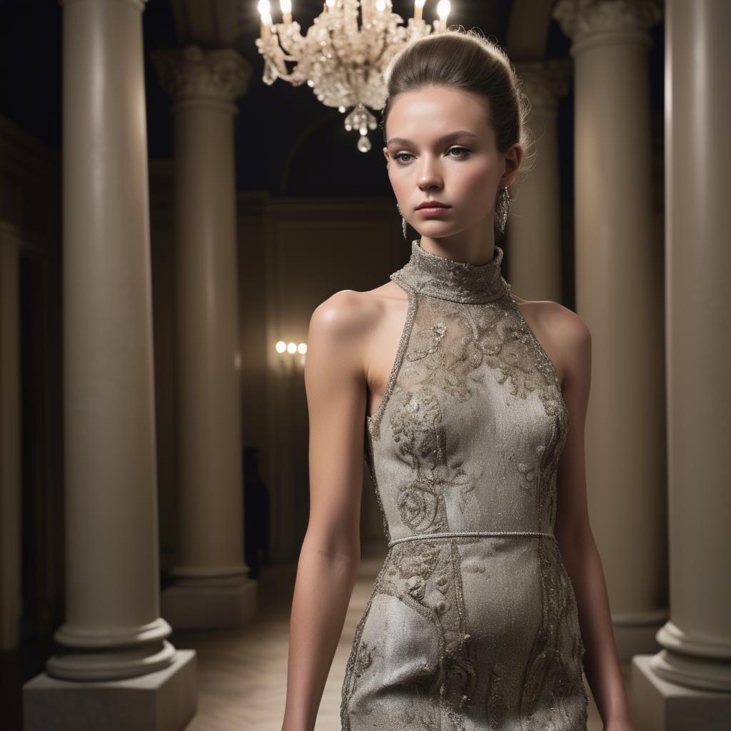 A stunning image of luxembourgish charm in high-end couture highlighting luxurious textures under spotlights.