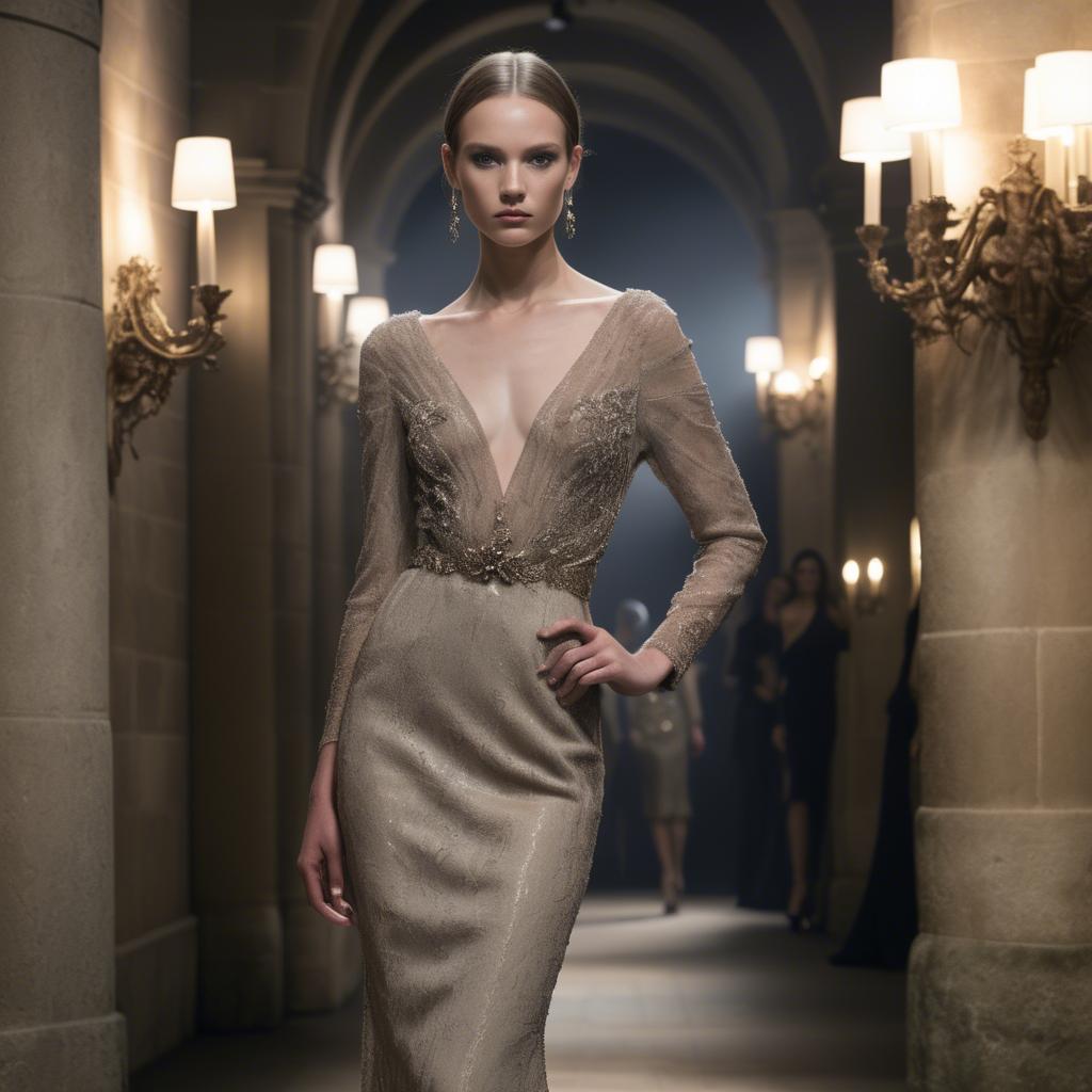 A stunning image of luxembourgish charm in high-end couture highlighting luxurious textures under spotlights.