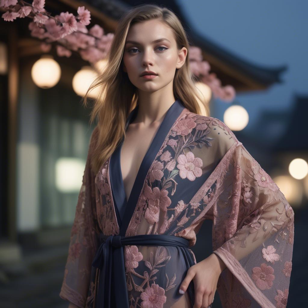 A stunning image of luxembourgish vision wearing a sheer embroidered kimono lit by nostalgic twilight hues.