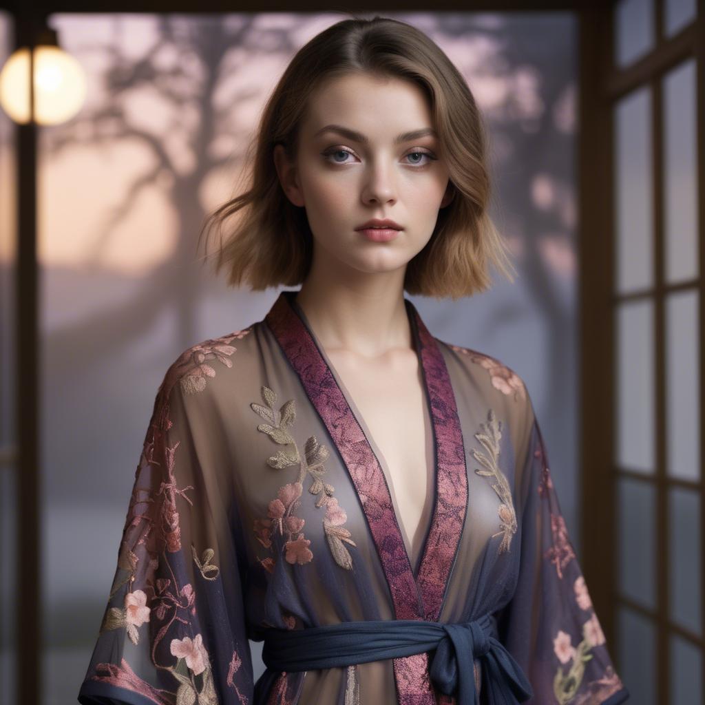 A stunning image of luxembourgish vision wearing a sheer embroidered kimono lit by nostalgic twilight hues.