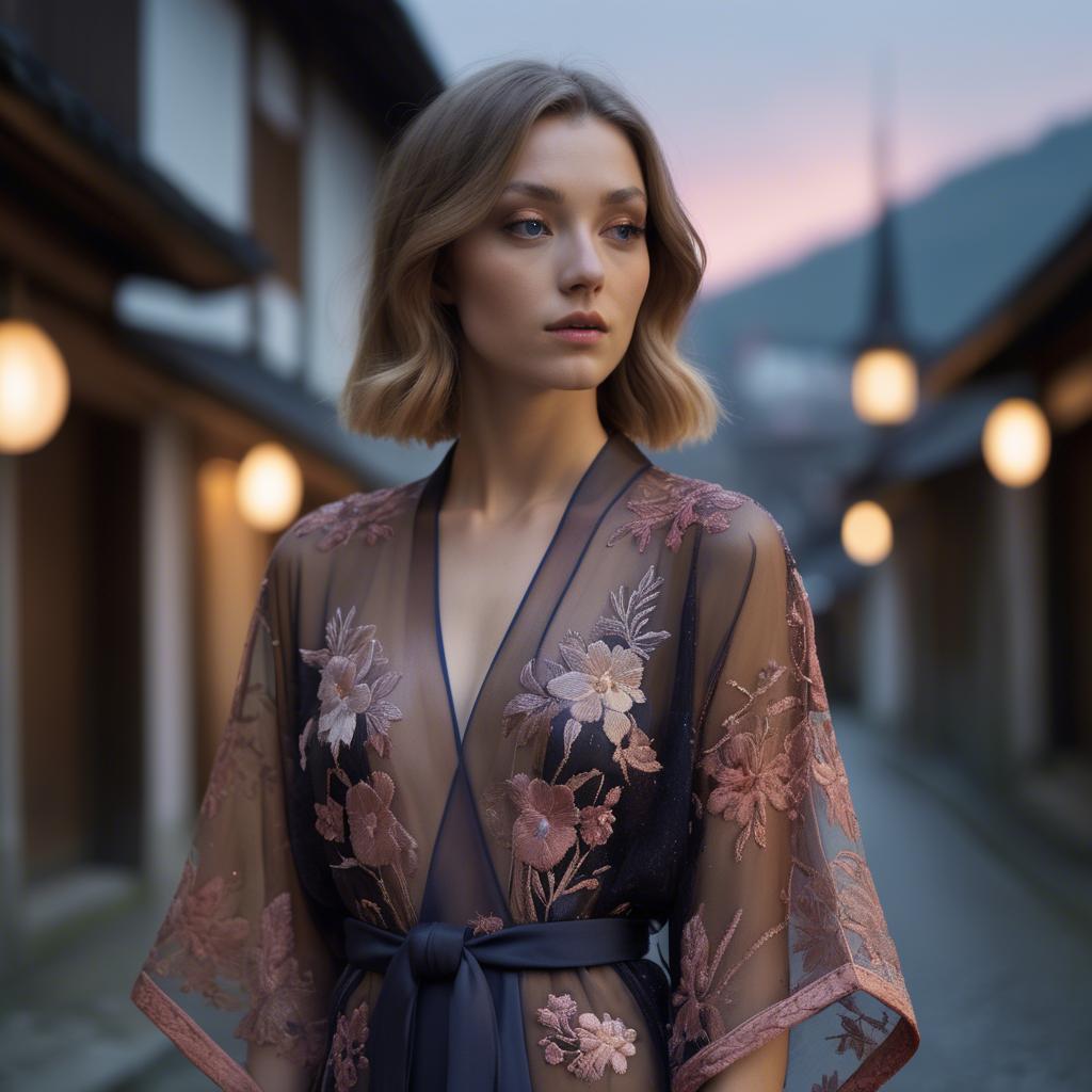 A stunning image of luxembourgish vision wearing a sheer embroidered kimono lit by nostalgic twilight hues.