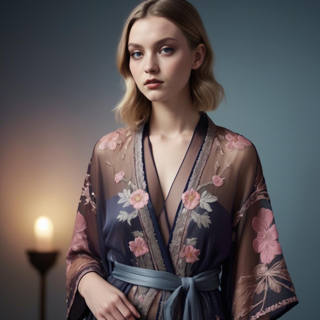 A stunning image of luxembourgish vision wearing a sheer embroidered kimono lit by nostalgic twilight hues.