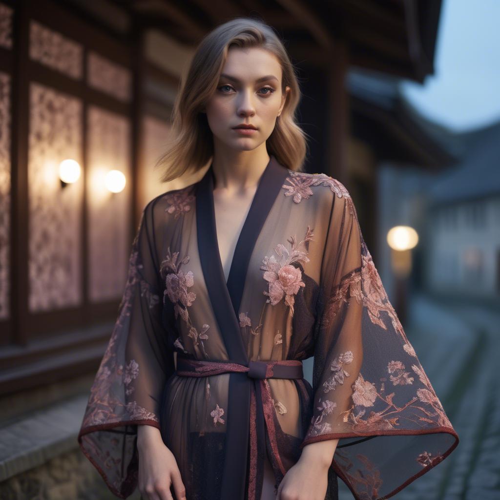 A stunning image of luxembourgish vision wearing a sheer embroidered kimono lit by nostalgic twilight hues.