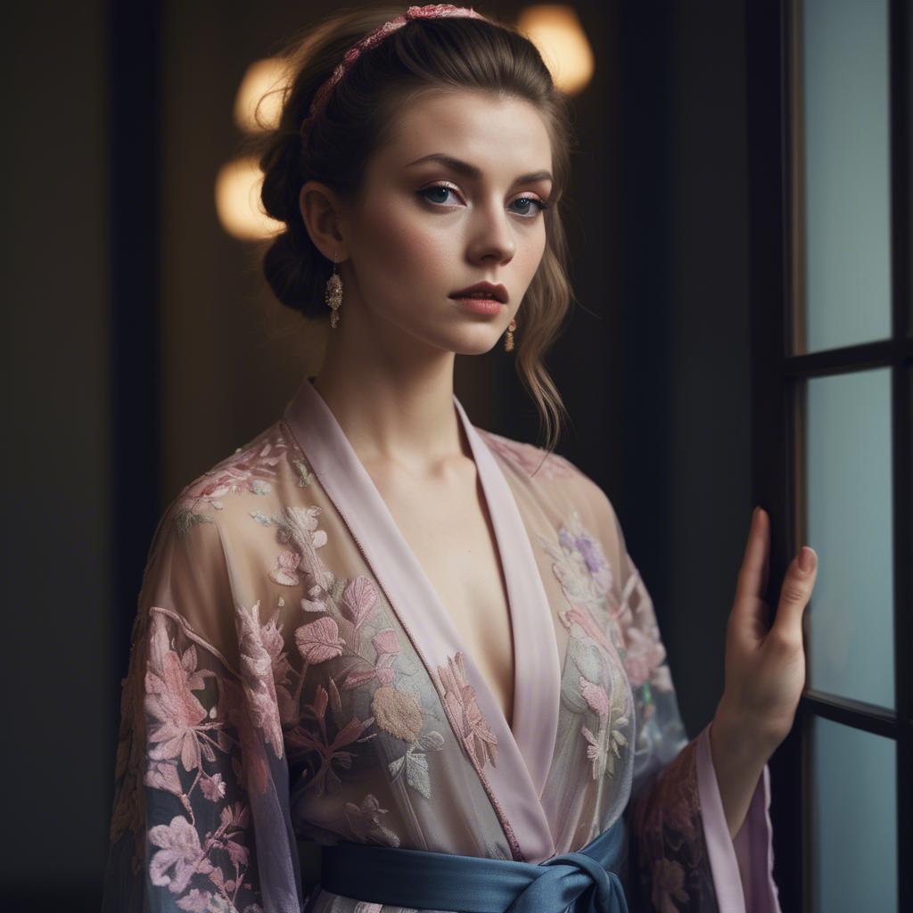 A stunning image of luxembourgish vision wearing a sheer embroidered kimono lit by nostalgic twilight hues.