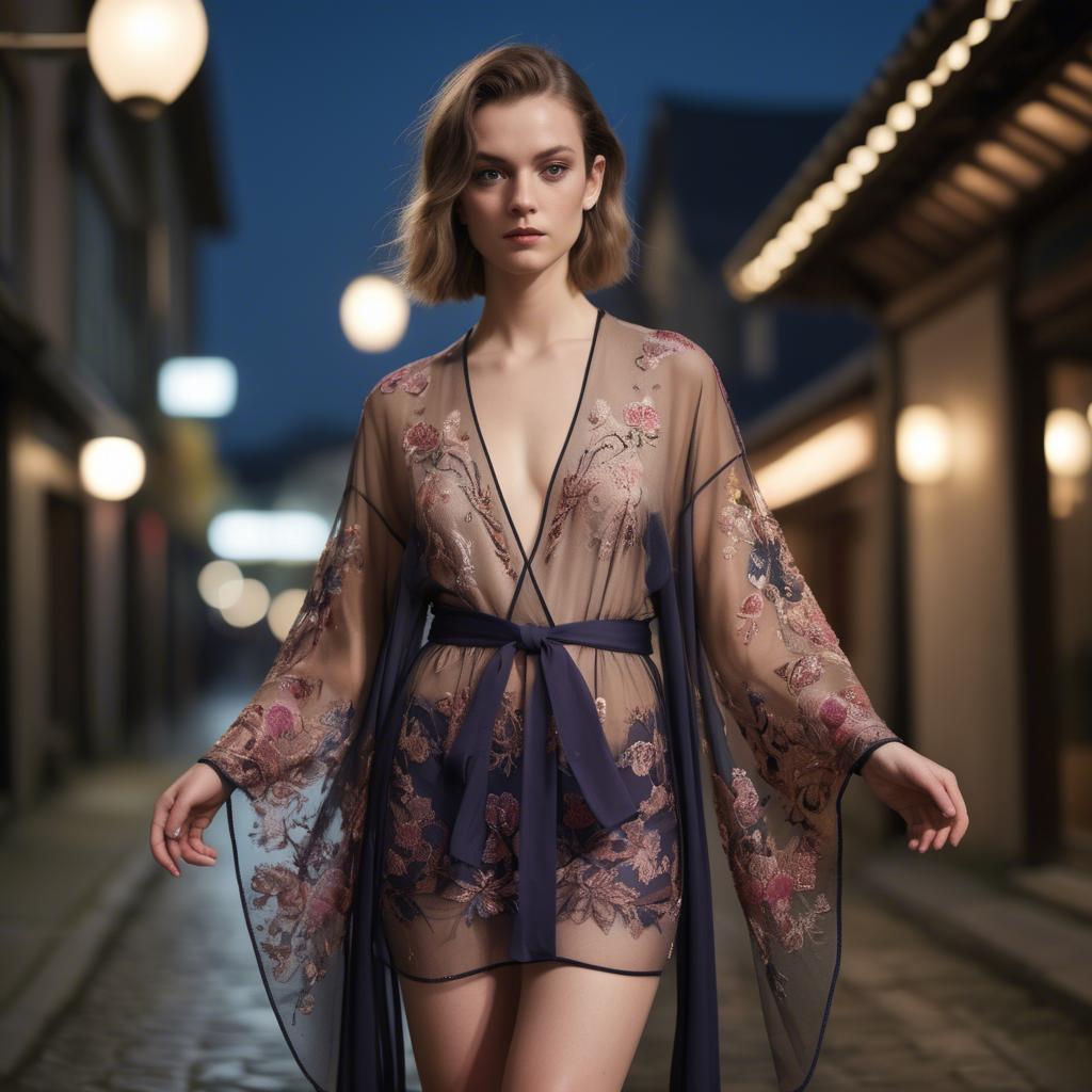 A stunning image of luxembourgish vision wearing a sheer embroidered kimono lit by nostalgic twilight hues.
