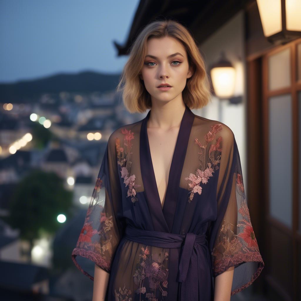 A stunning image of luxembourgish vision wearing a sheer embroidered kimono lit by nostalgic twilight hues.