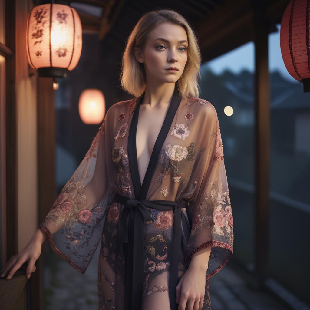 A stunning image of luxembourgish vision wearing a sheer embroidered kimono lit by nostalgic twilight hues.