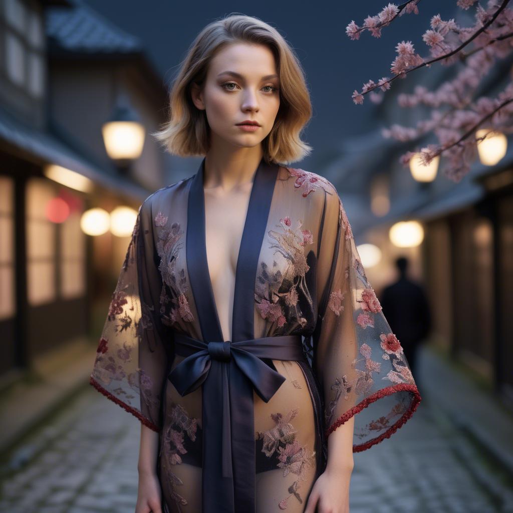 A stunning image of luxembourgish vision wearing a sheer embroidered kimono lit by nostalgic twilight hues.