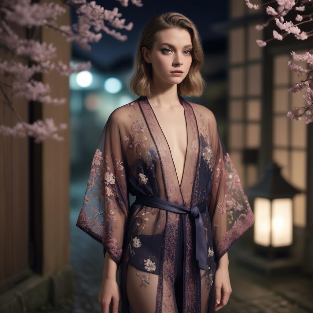 A stunning image of luxembourgish vision wearing a sheer embroidered kimono lit by nostalgic twilight hues.