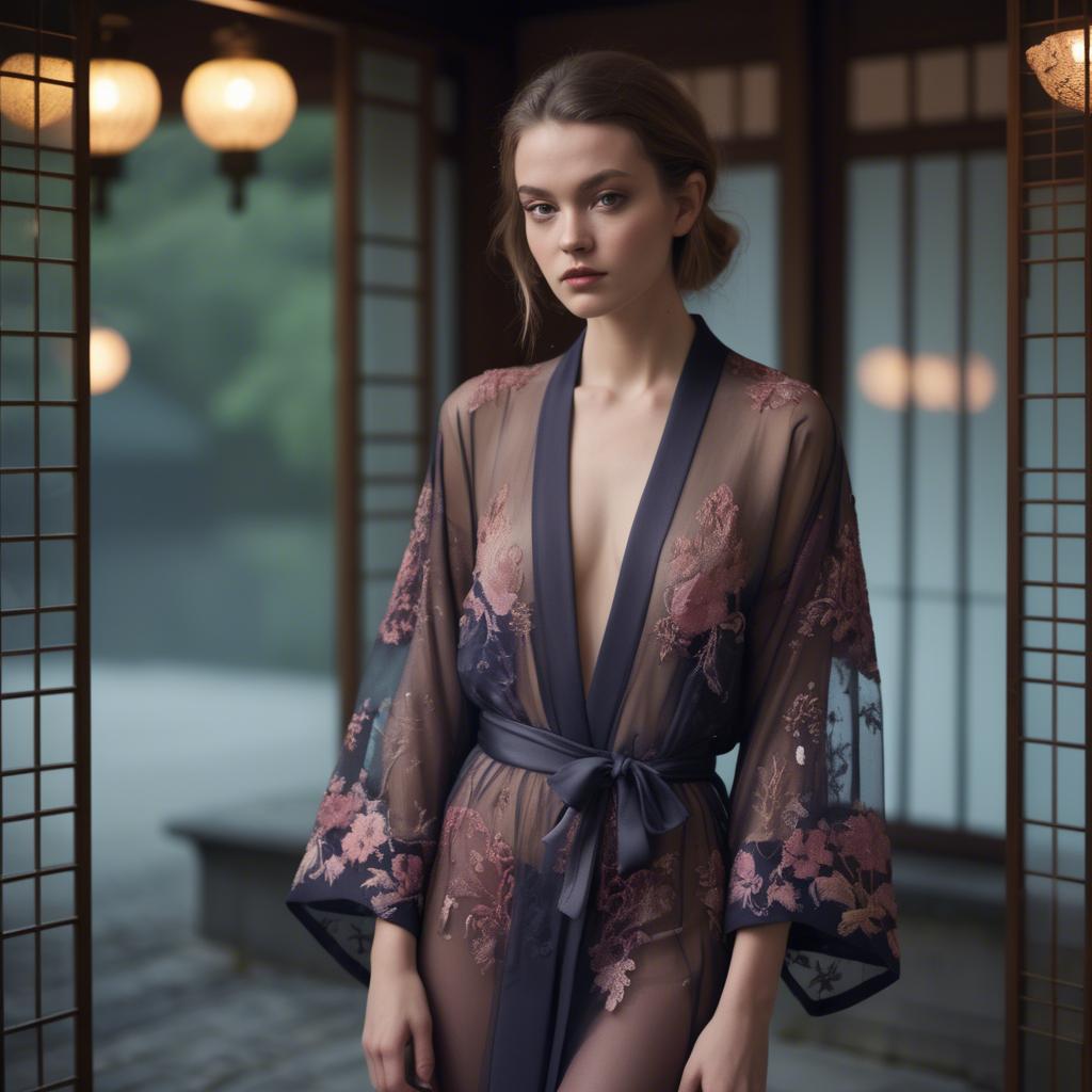 A stunning image of luxembourgish vision wearing a sheer embroidered kimono lit by nostalgic twilight hues.