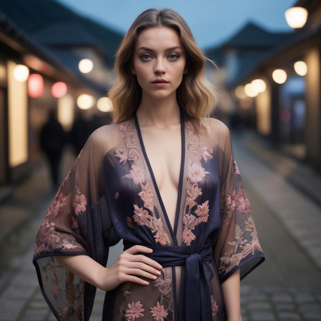 A stunning image of luxembourgish vision wearing a sheer embroidered kimono lit by nostalgic twilight hues.