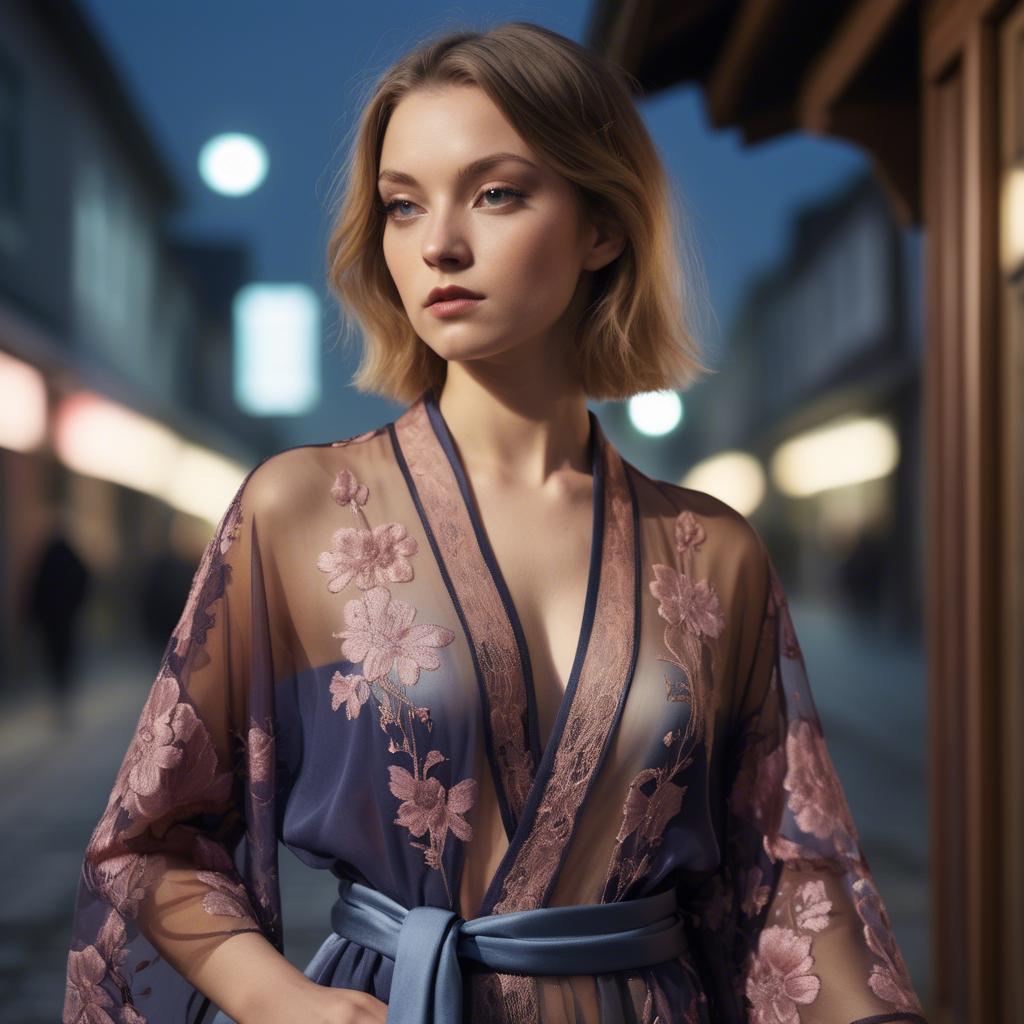 A stunning image of luxembourgish vision wearing a sheer embroidered kimono lit by nostalgic twilight hues.