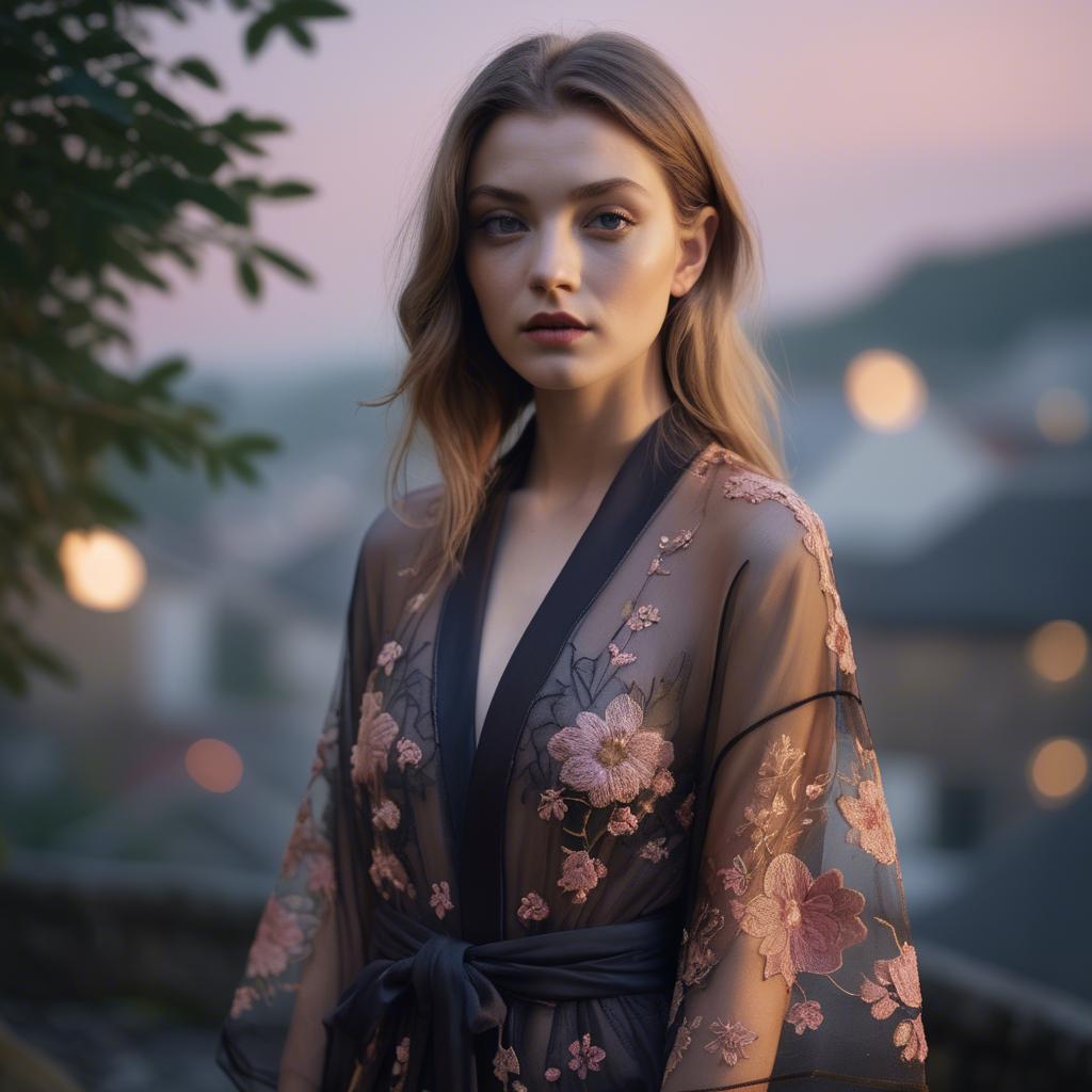 A stunning image of luxembourgish vision wearing a sheer embroidered kimono lit by nostalgic twilight hues.