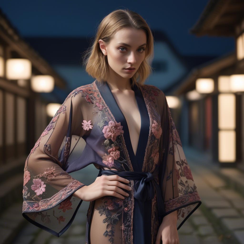 A stunning image of luxembourgish vision wearing a sheer embroidered kimono lit by nostalgic twilight hues.