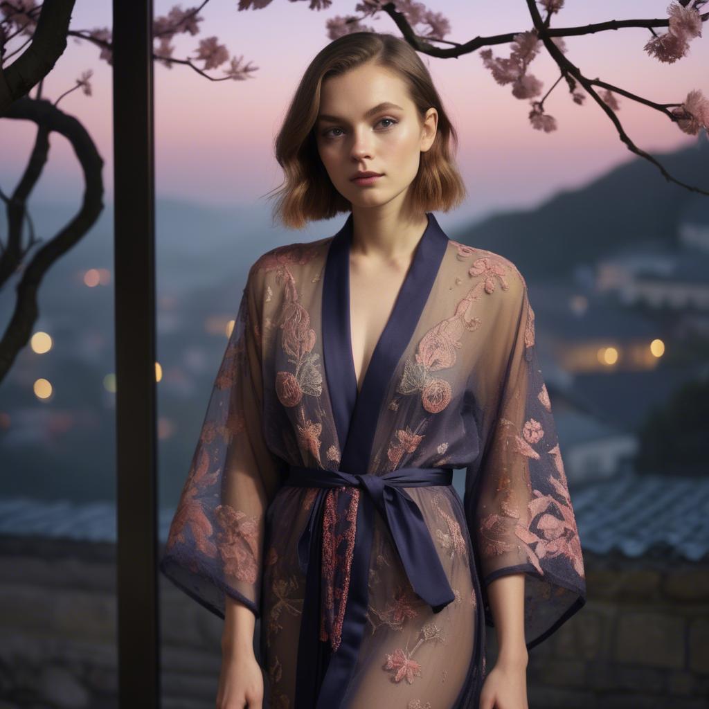 A stunning image of luxembourgish vision wearing a sheer embroidered kimono lit by nostalgic twilight hues.