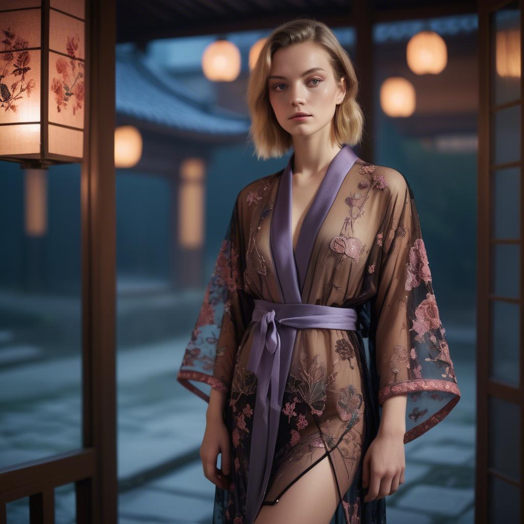 A stunning image of luxembourgish vision wearing a sheer embroidered kimono lit by nostalgic twilight hues.