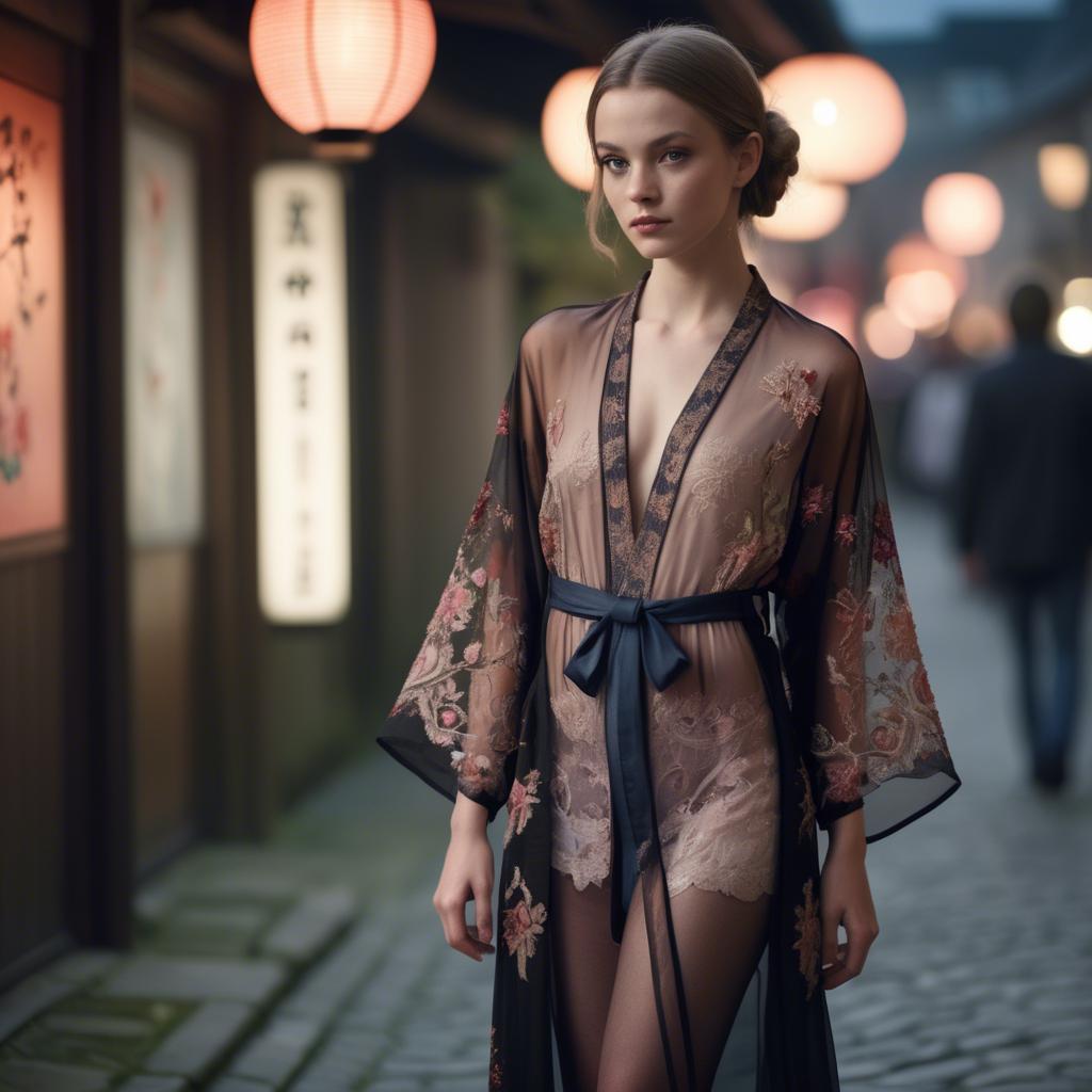 A stunning image of luxembourgish vision wearing a sheer embroidered kimono lit by nostalgic twilight hues.